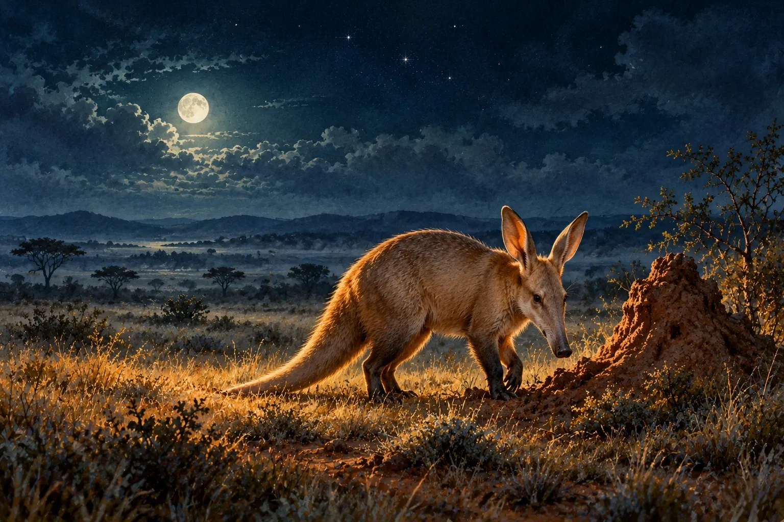 Dreamlike night painting of a aardvark in its natural world.