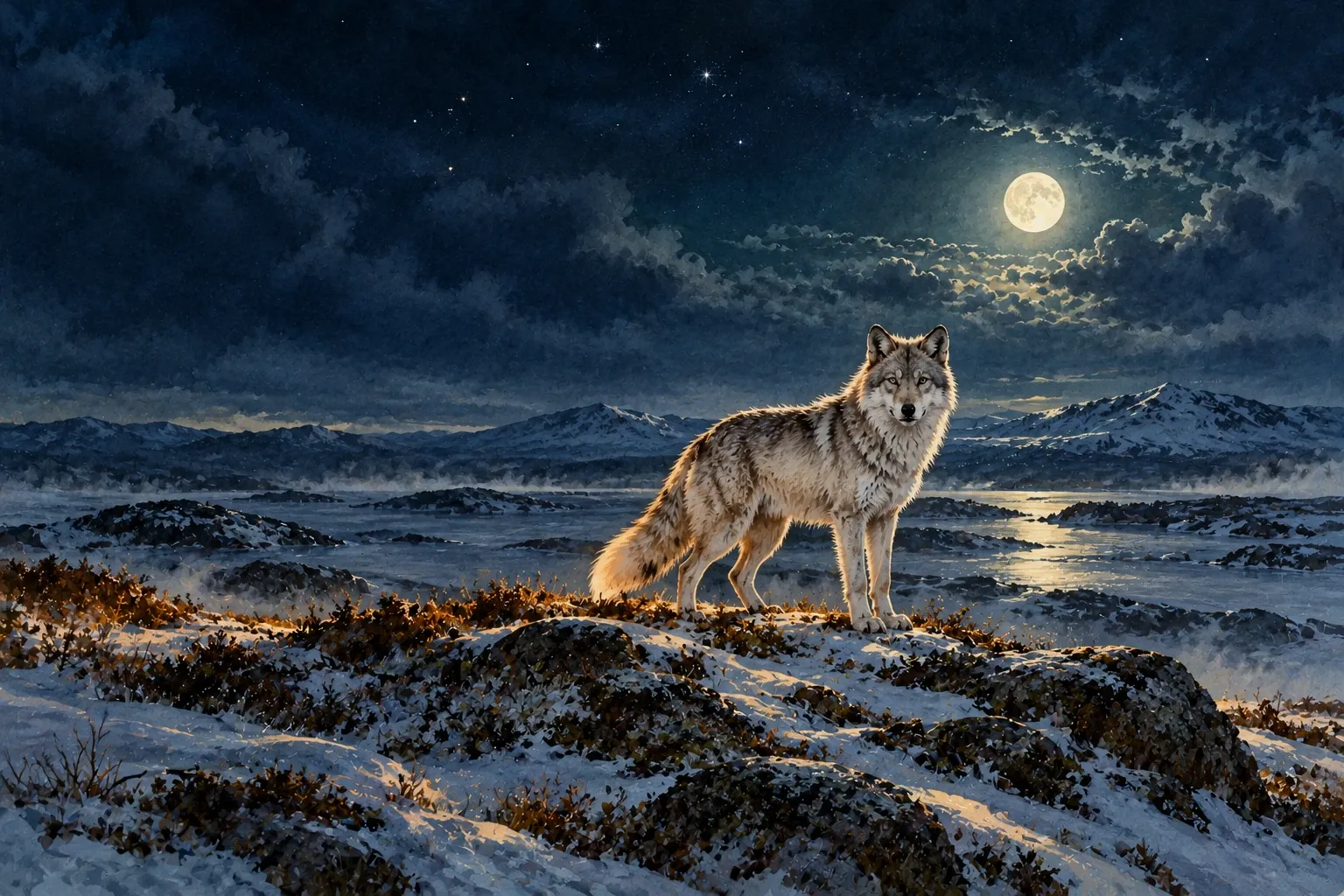 Dreamlike night painting of a amarok in its natural world.