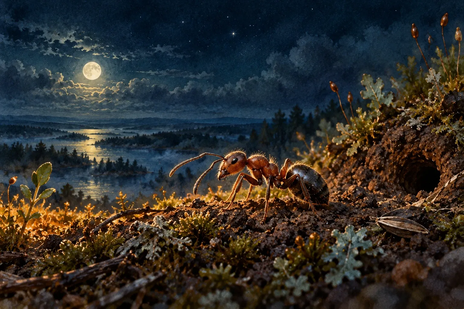Dreamlike night painting of a ant in its natural world.