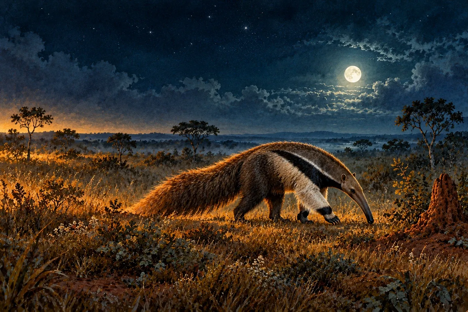 Dreamlike night painting of a anteater in its natural world.