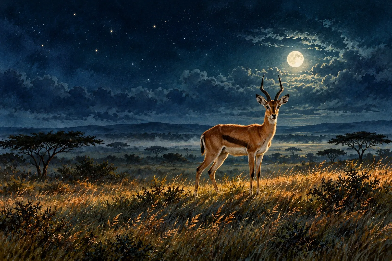 Dreamlike night painting of a antelope in its natural world.
