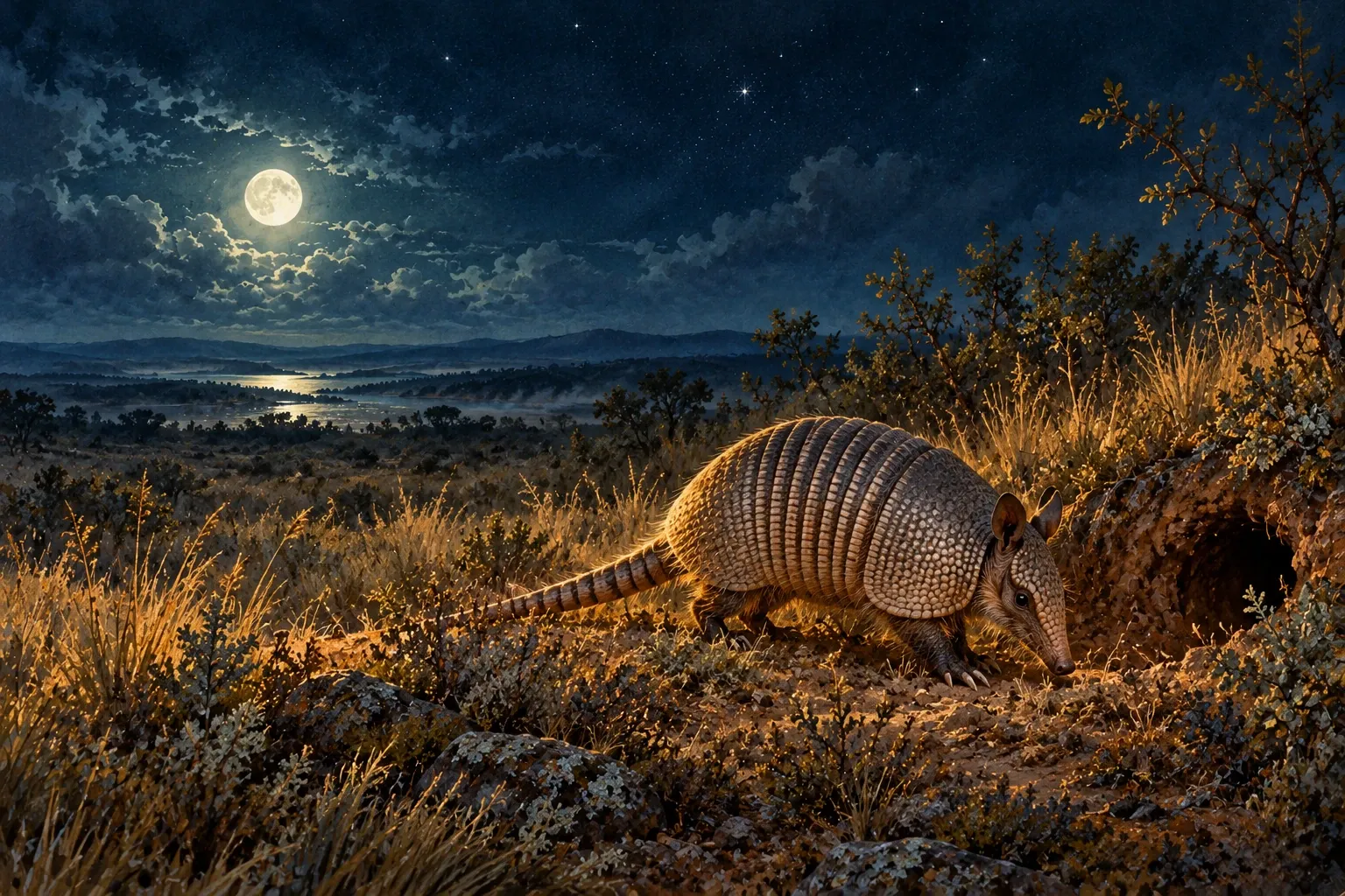 Dreamlike night painting of a armadillo in its natural world.