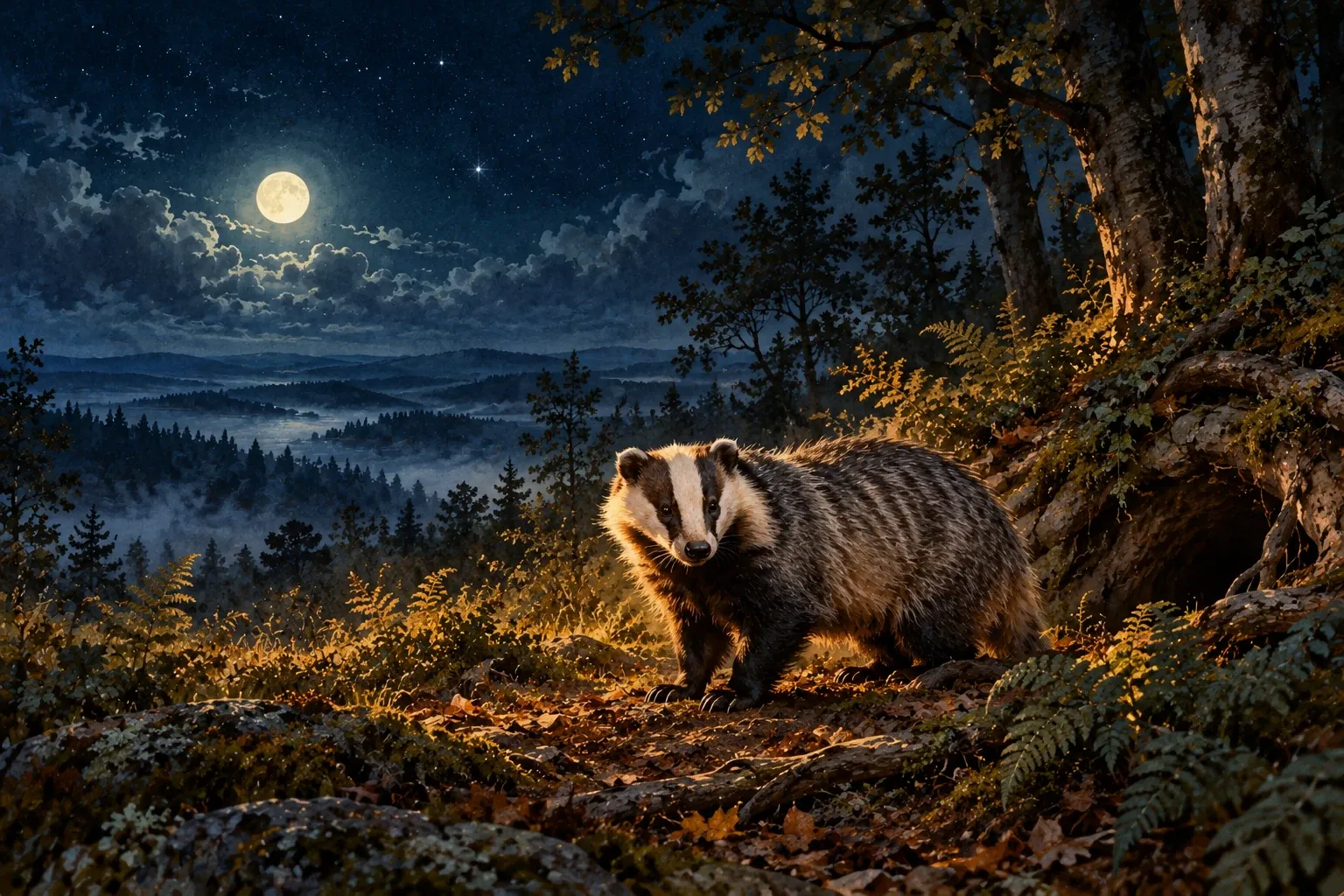 Dreamlike night painting of a badger in its natural world.