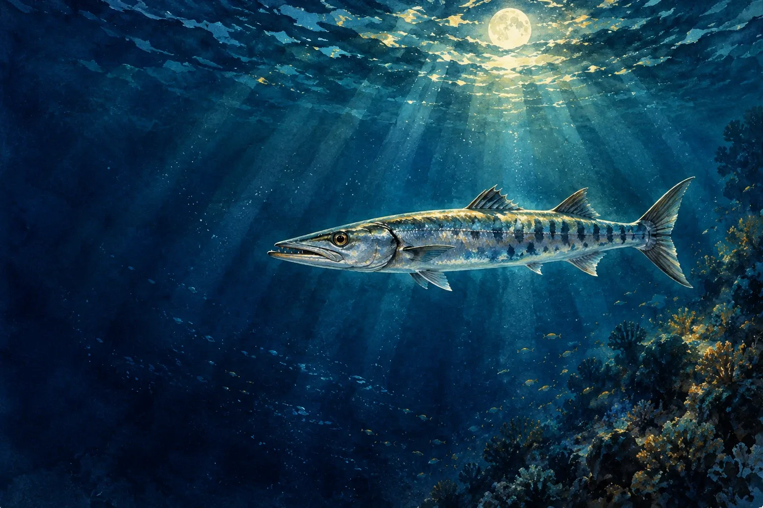 Dreamlike night painting of a barracuda in its natural world.
