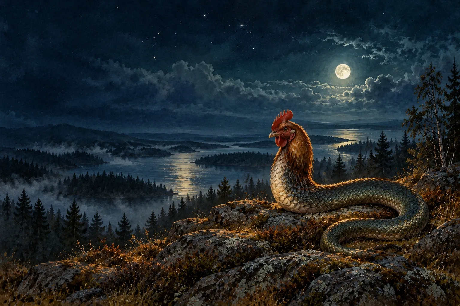 Dreamlike night painting of a basilisk in its natural world.