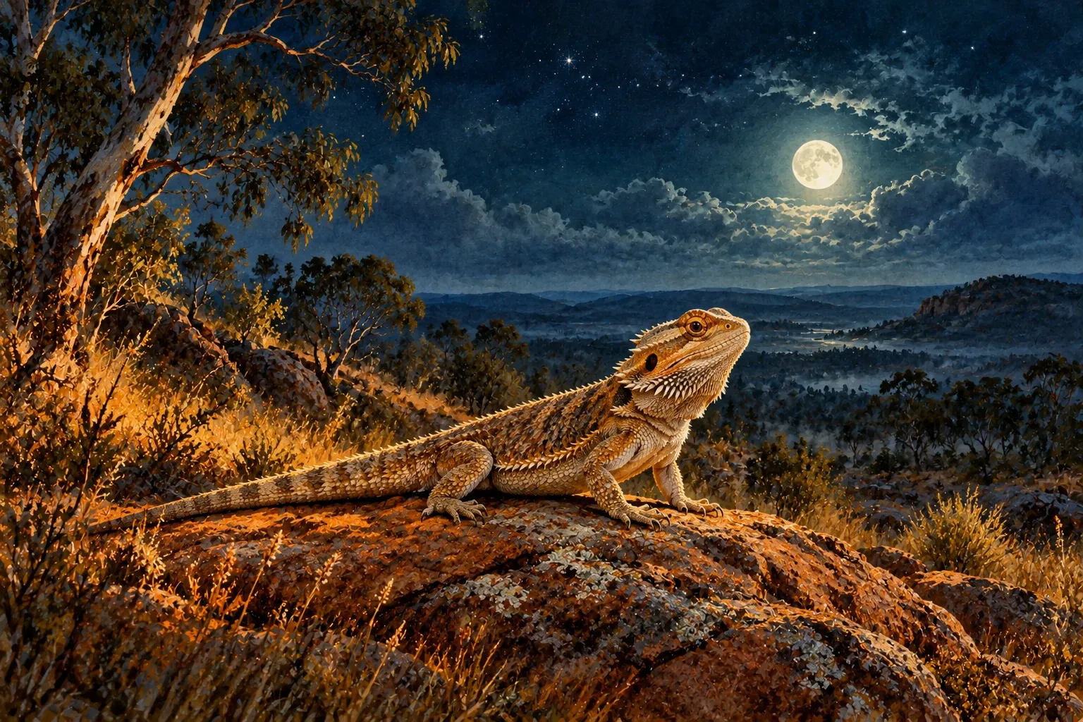 Dreamlike night painting of a bearded dragon in its natural world.