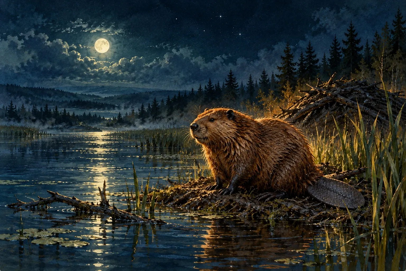 Dreamlike night painting of a beaver in its natural world.