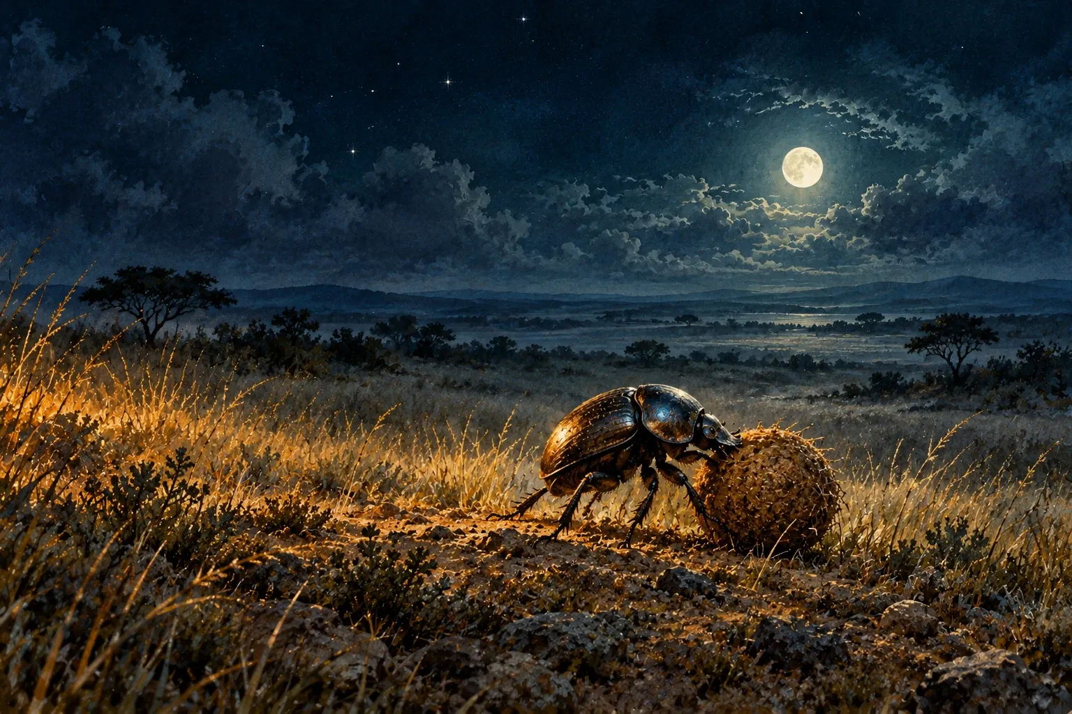 Dreamlike night painting of a beetle in its natural world.