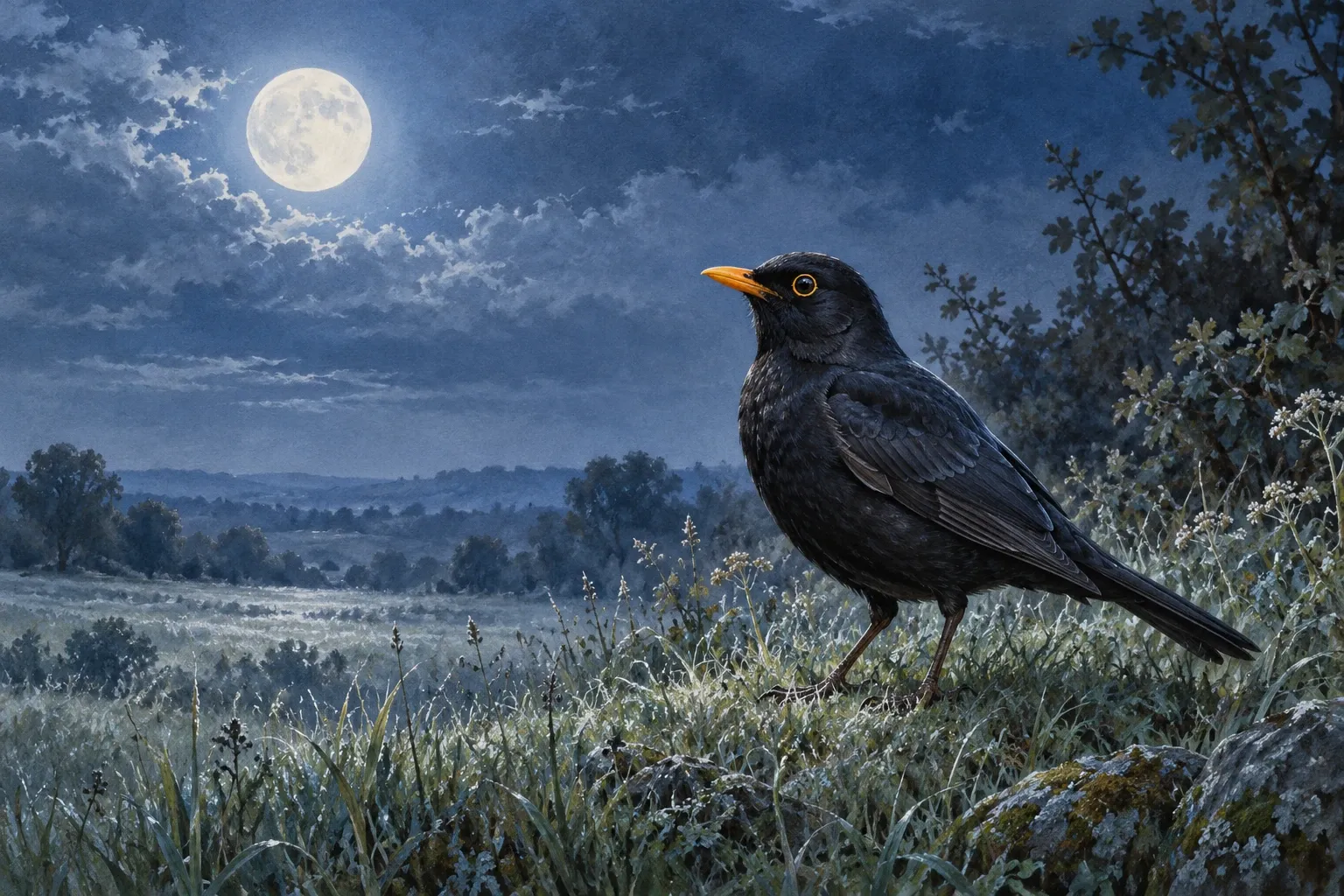 Dreamlike night painting of a blackbird in its natural world.