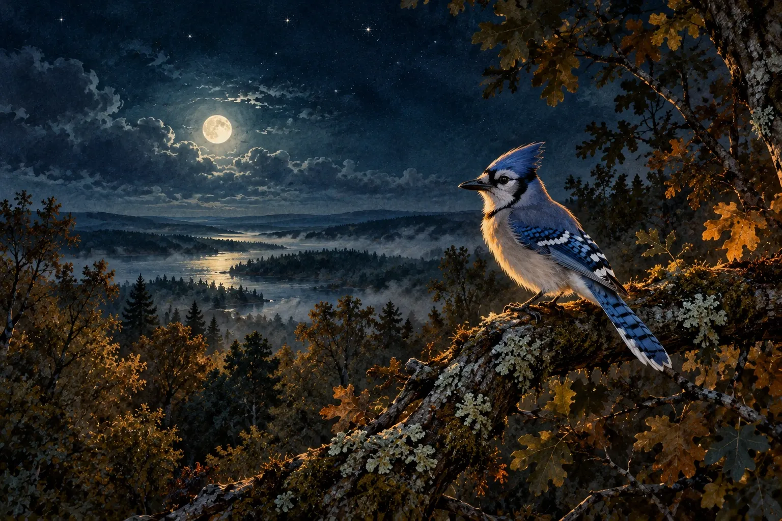 Dreamlike night painting of a blue jay in its natural world.