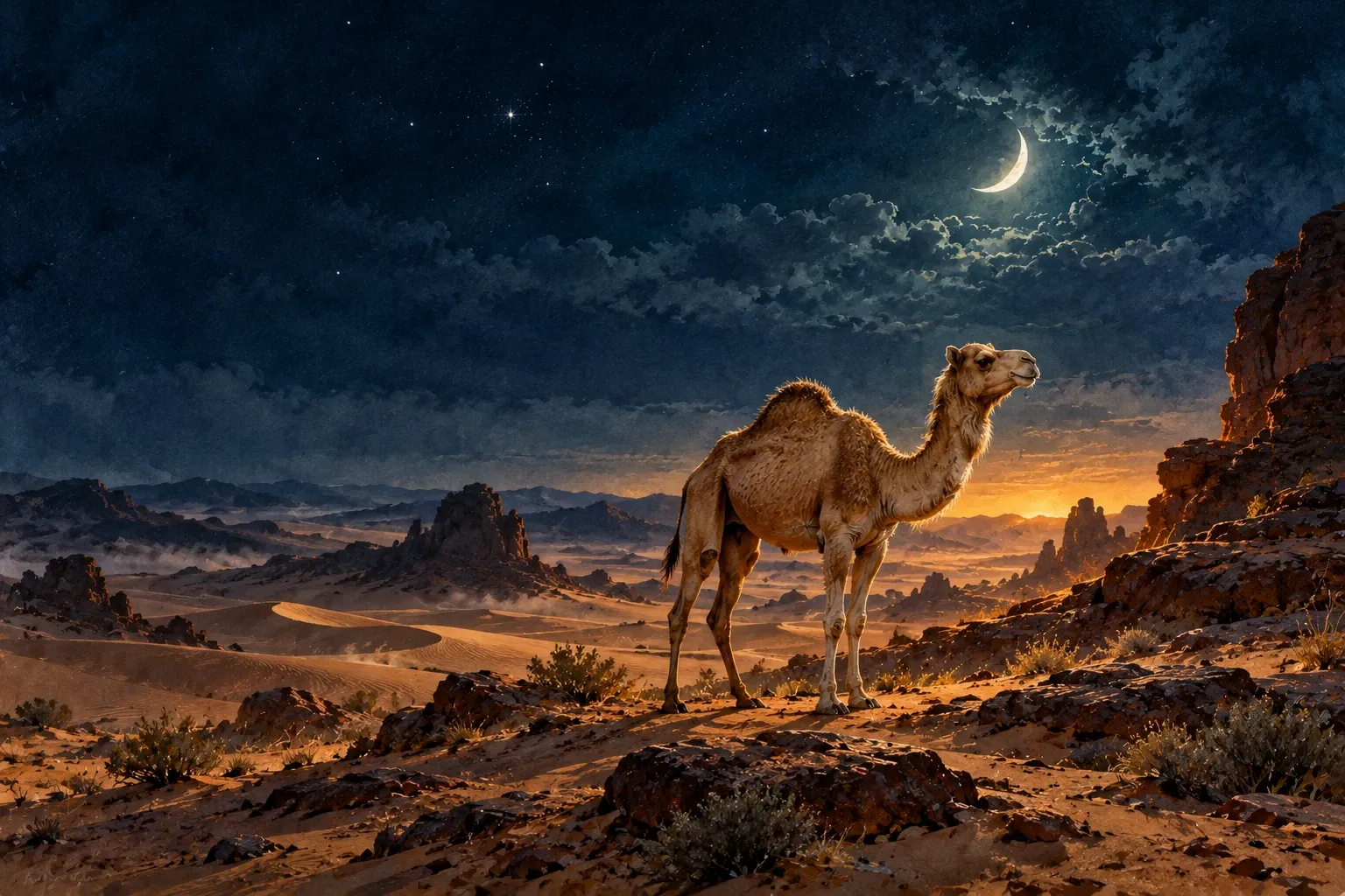Dreamlike night painting of a camel in its natural world.