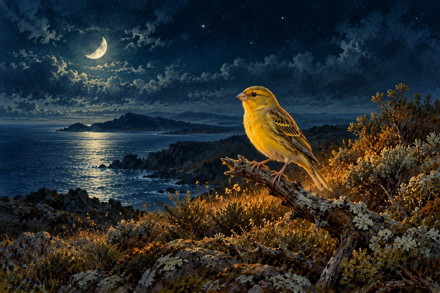 Dreamlike night painting of a canary in its natural world.