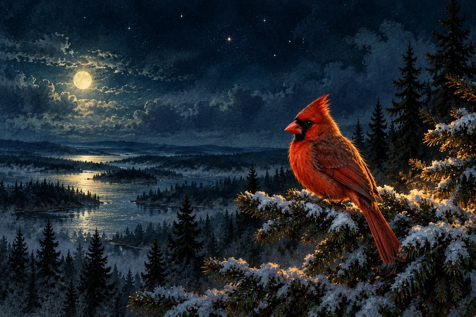 Dreamlike night painting of a cardinal in its natural world.