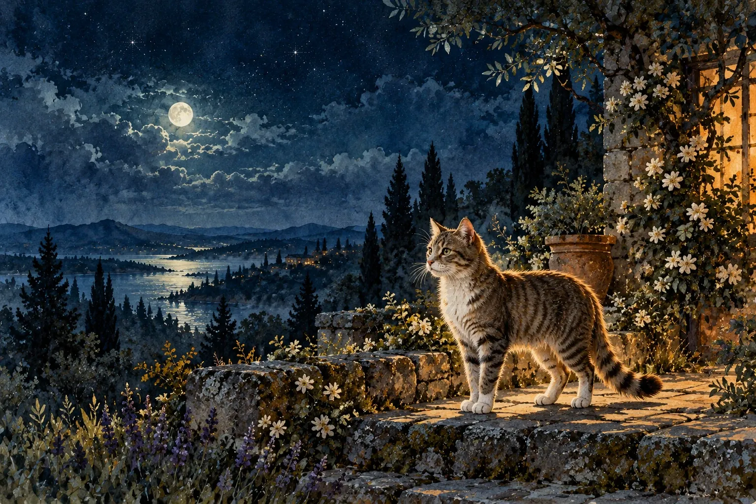 Dreamlike night painting of a cat in its natural world.