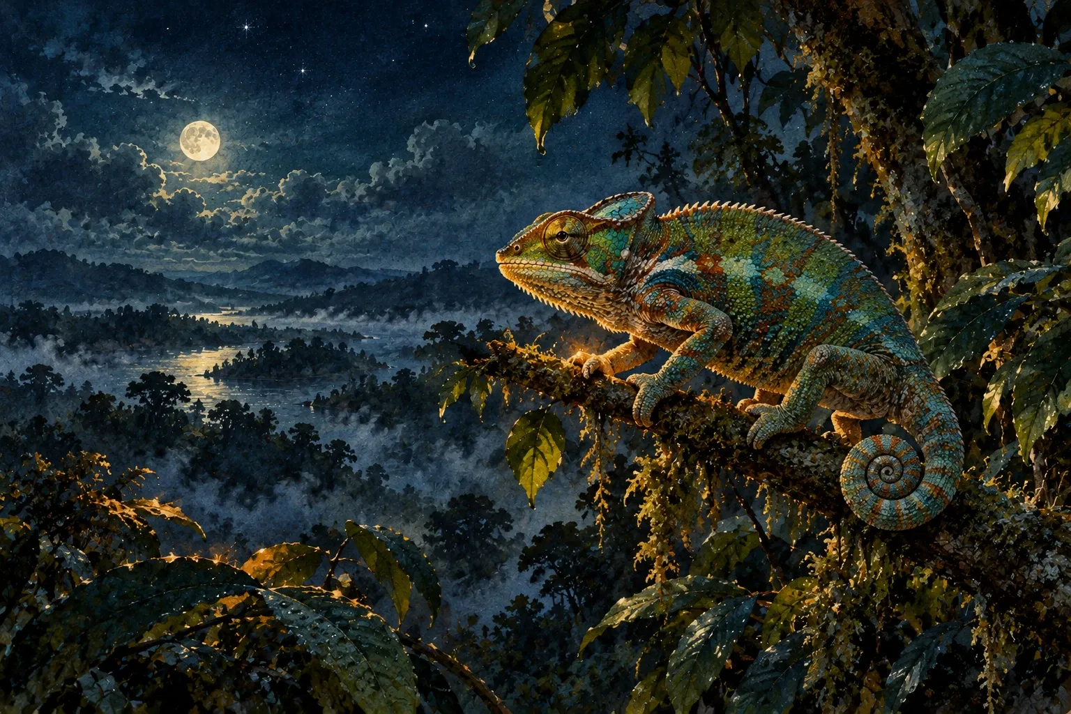 Dreamlike night painting of a chameleon in its natural world.
