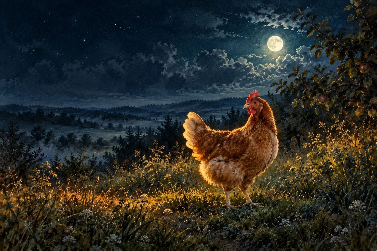 Dreamlike night painting of a chicken in its natural world.