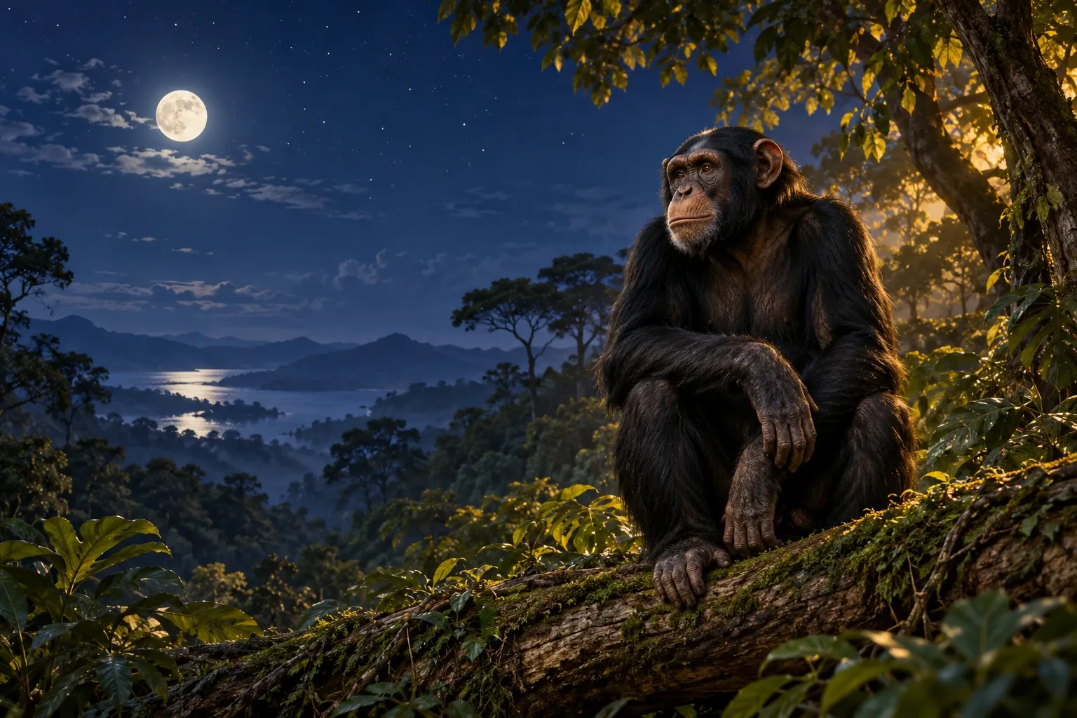 Dreamlike night painting of a chimpanzee in its natural world.