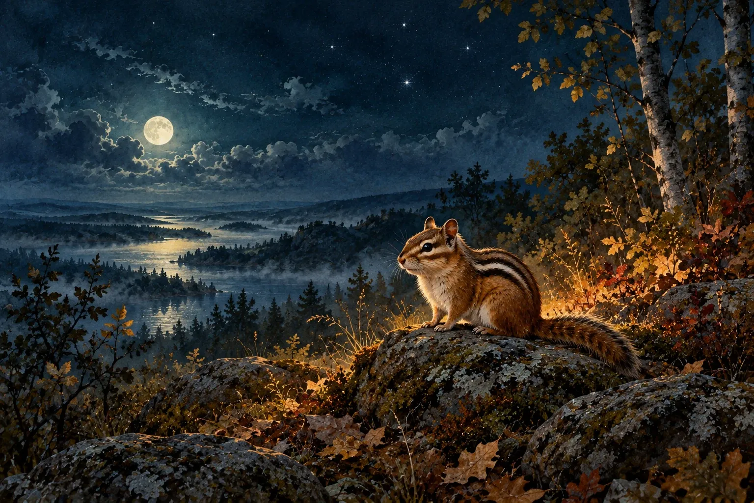 Dreamlike night painting of a chipmunk in its natural world.