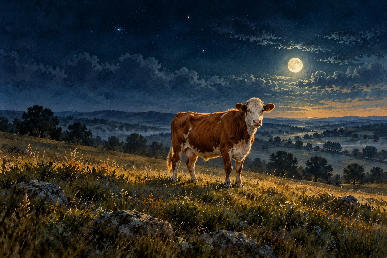 Dreamlike night painting of a cow in its natural world.