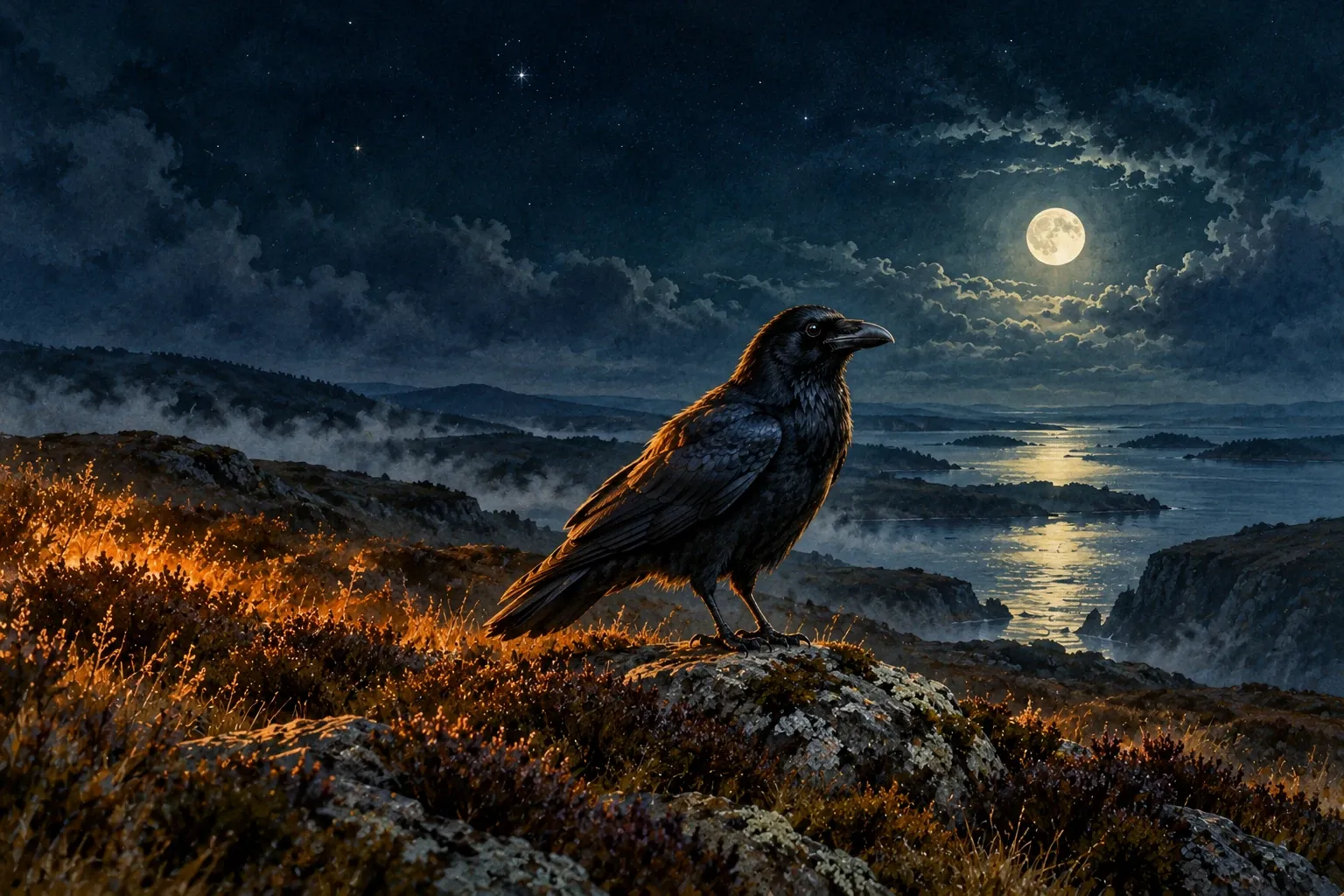 Dreamlike night painting of a crow in its natural world.