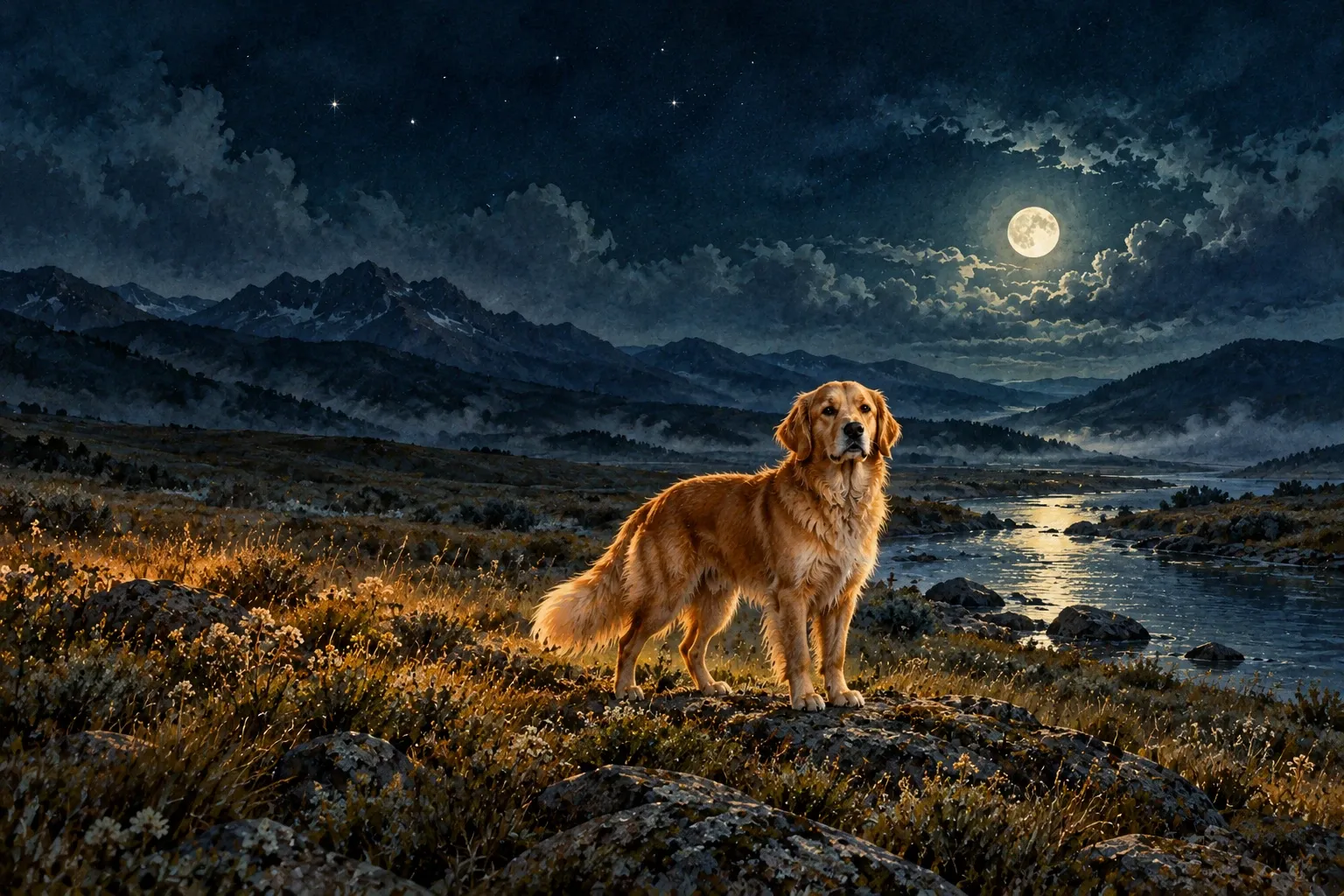 Dreamlike night painting of a dog in its natural world.