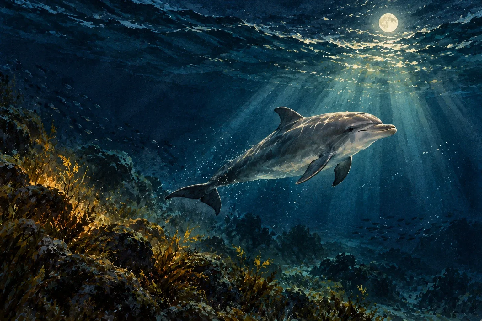 Dreamlike night painting of a dolphin in its natural world.