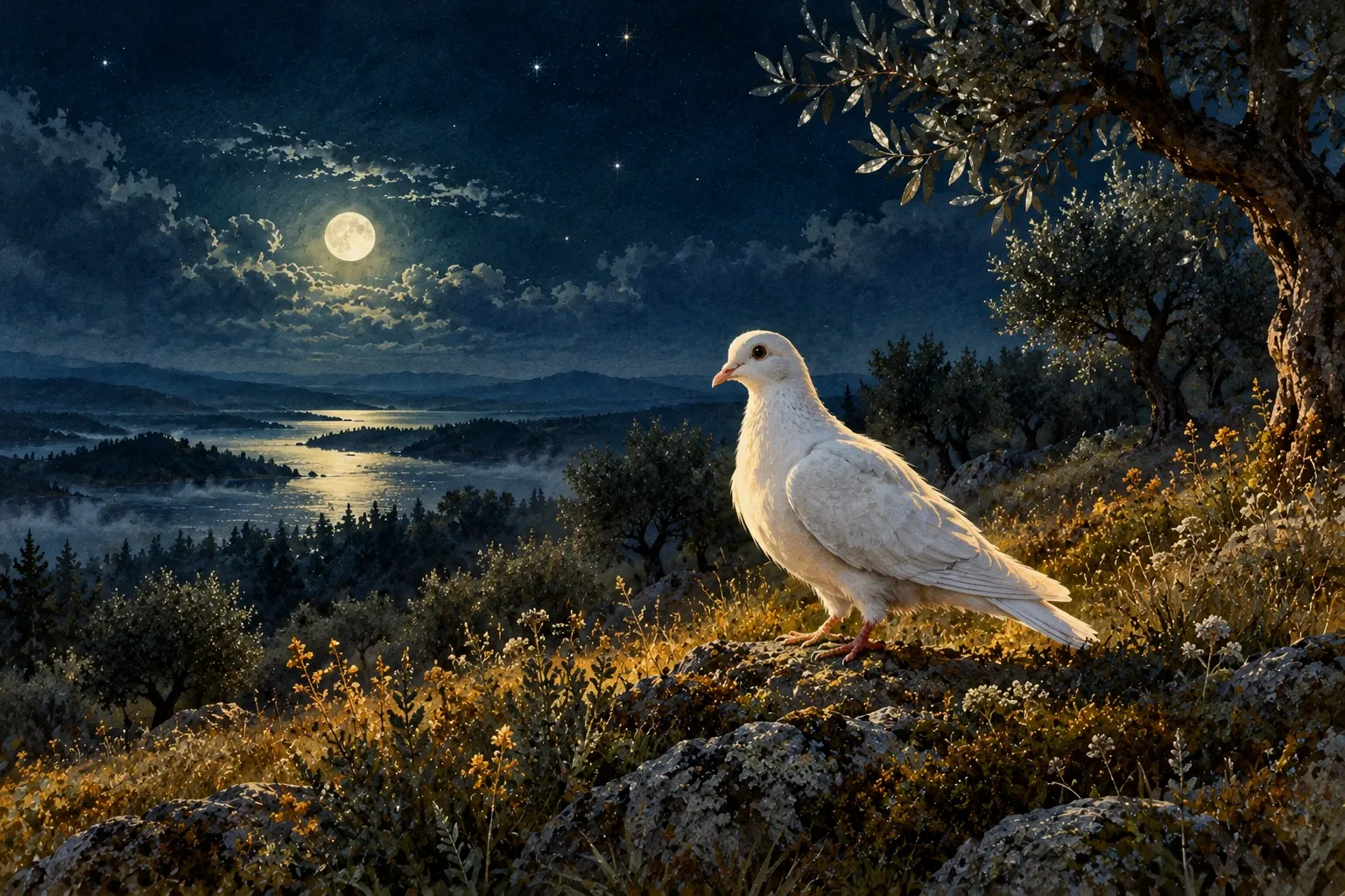 Dreamlike night painting of a dove in its natural world.