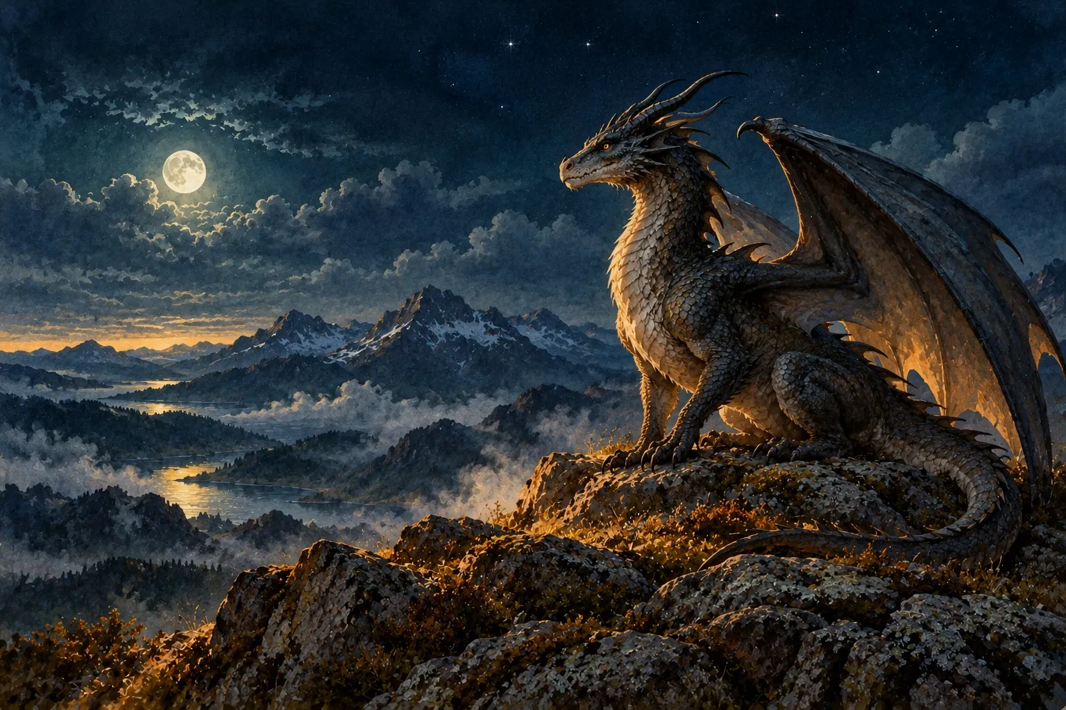 Dreamlike night painting of a dragon in its natural world.