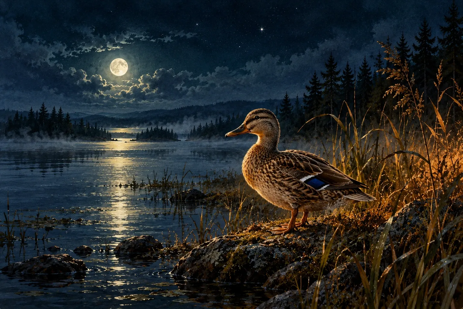Dreamlike night painting of a duck in its natural world.