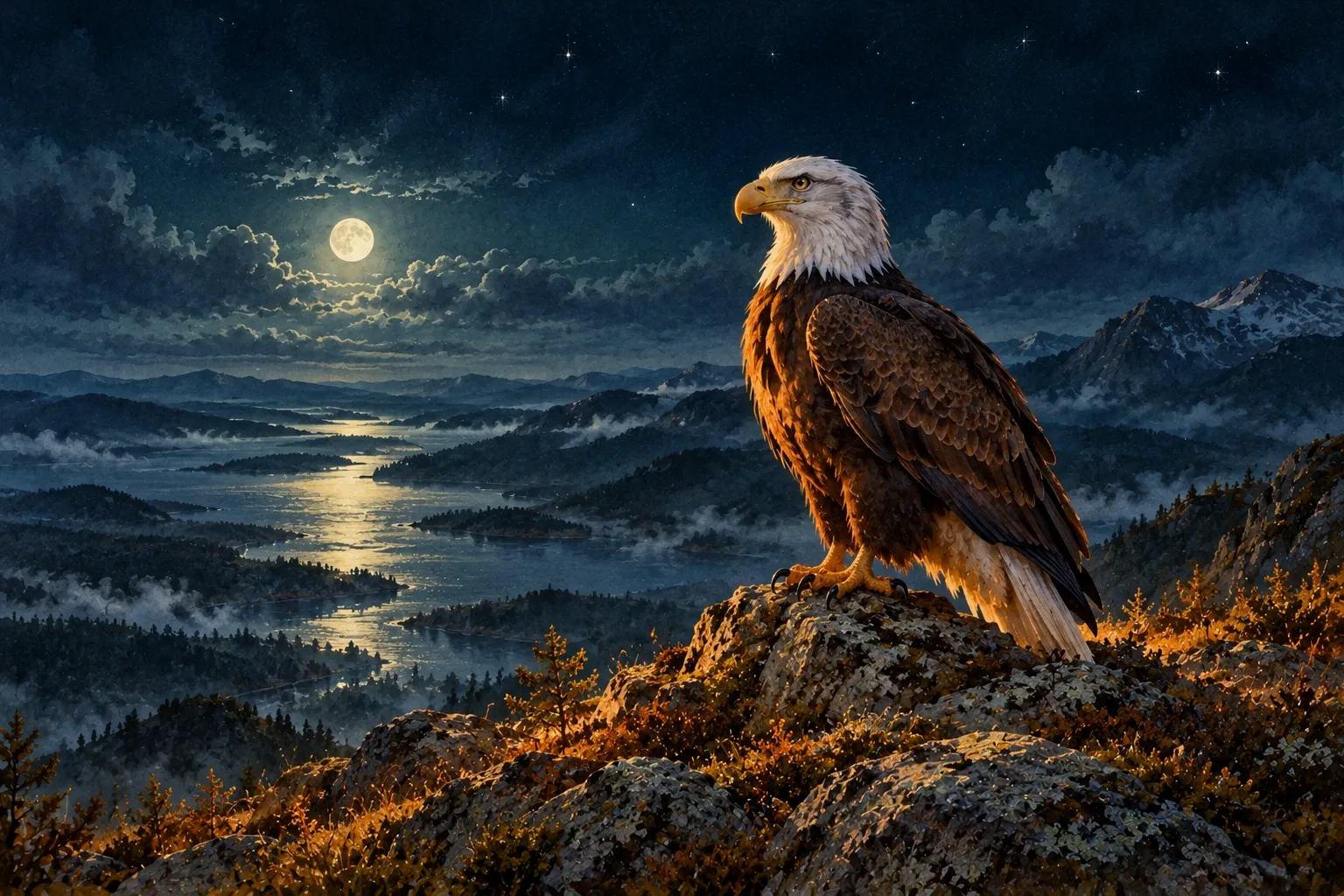 Dreamlike night painting of a eagle in its natural world.