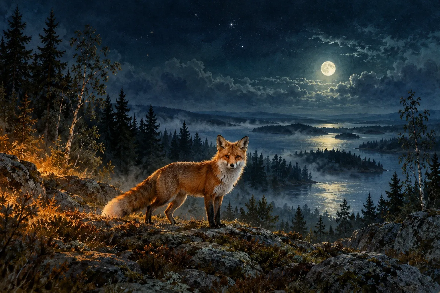 A red fox stands on a moonlit ridge above a misty lake, firelight catching its fur.
