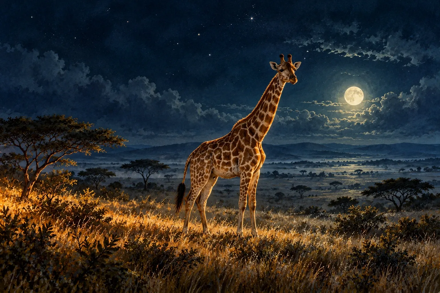 Dreamlike night painting of a giraffe in its natural world.