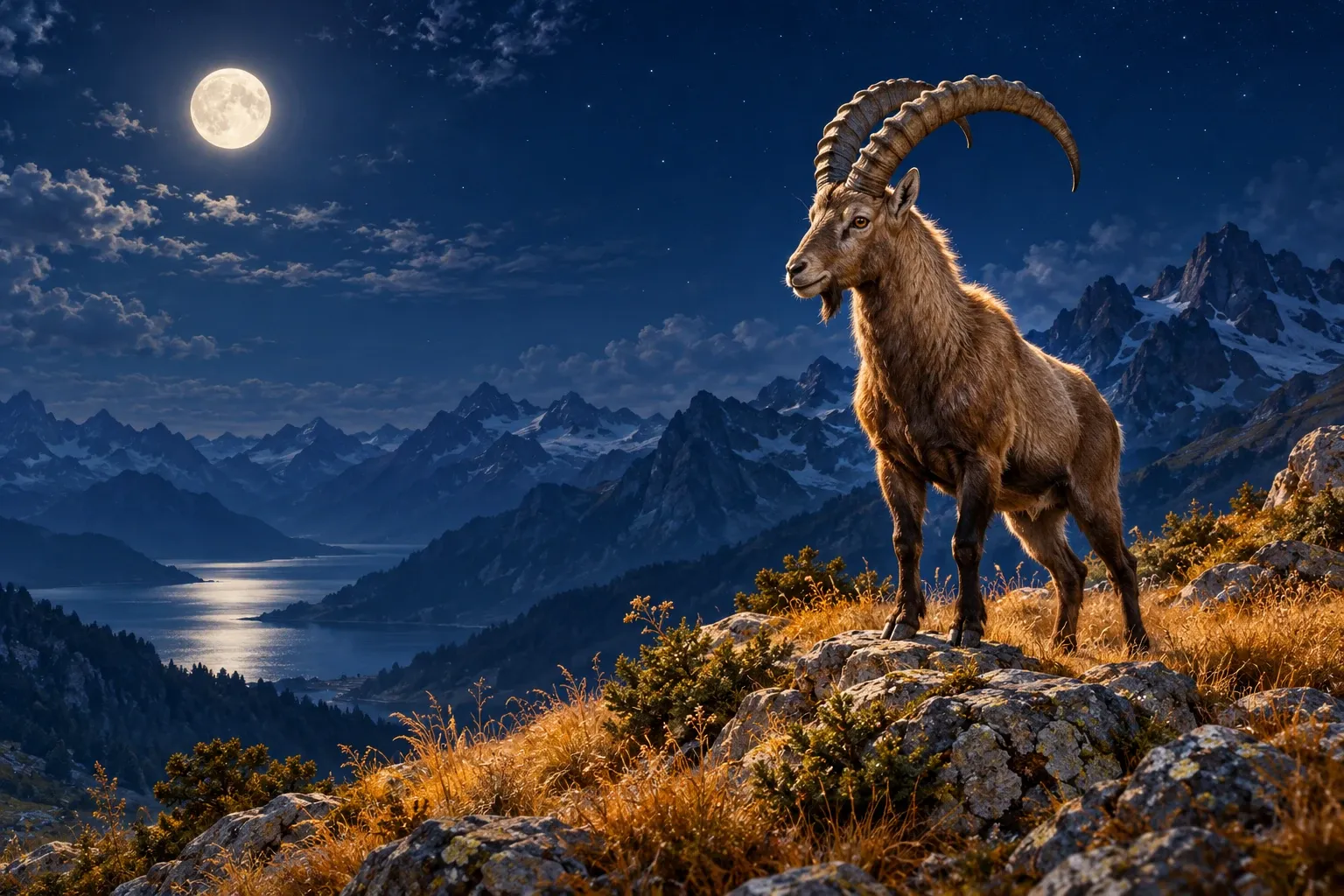 Dreamlike night painting of a goat in its natural world.