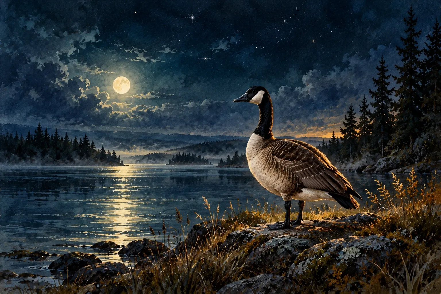 Dreamlike night painting of a goose in its natural world.