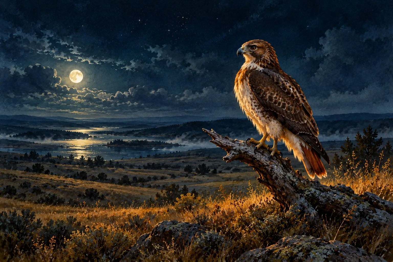Dreamlike night painting of a hawk in its natural world.