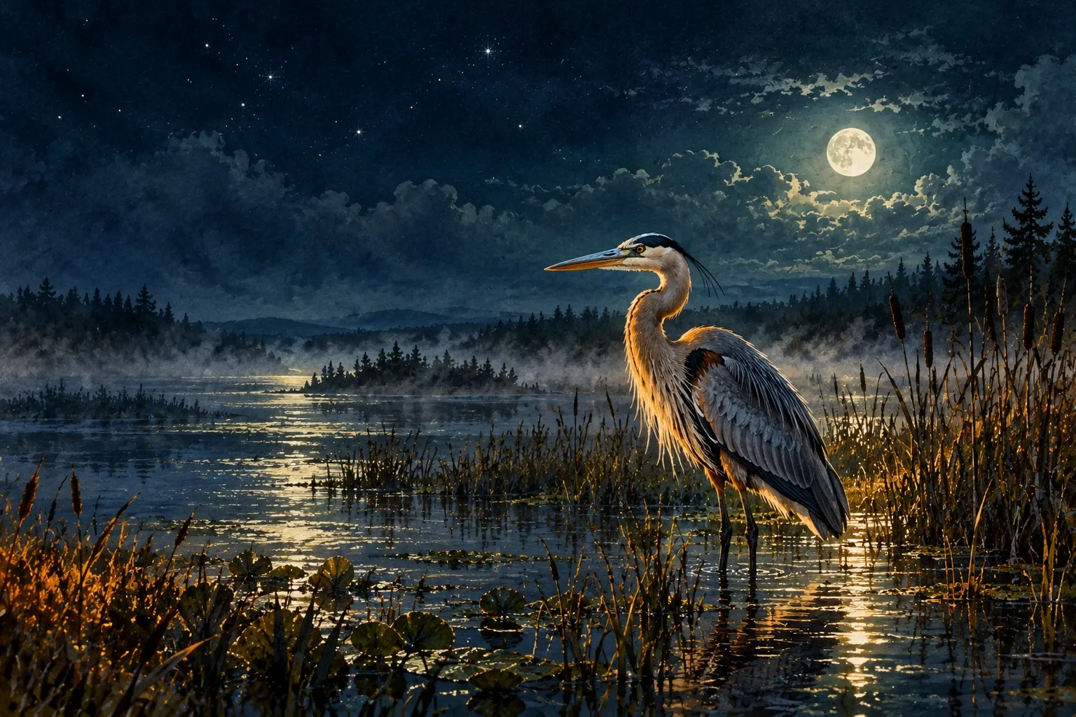 Dreamlike night painting of a heron in its natural world.