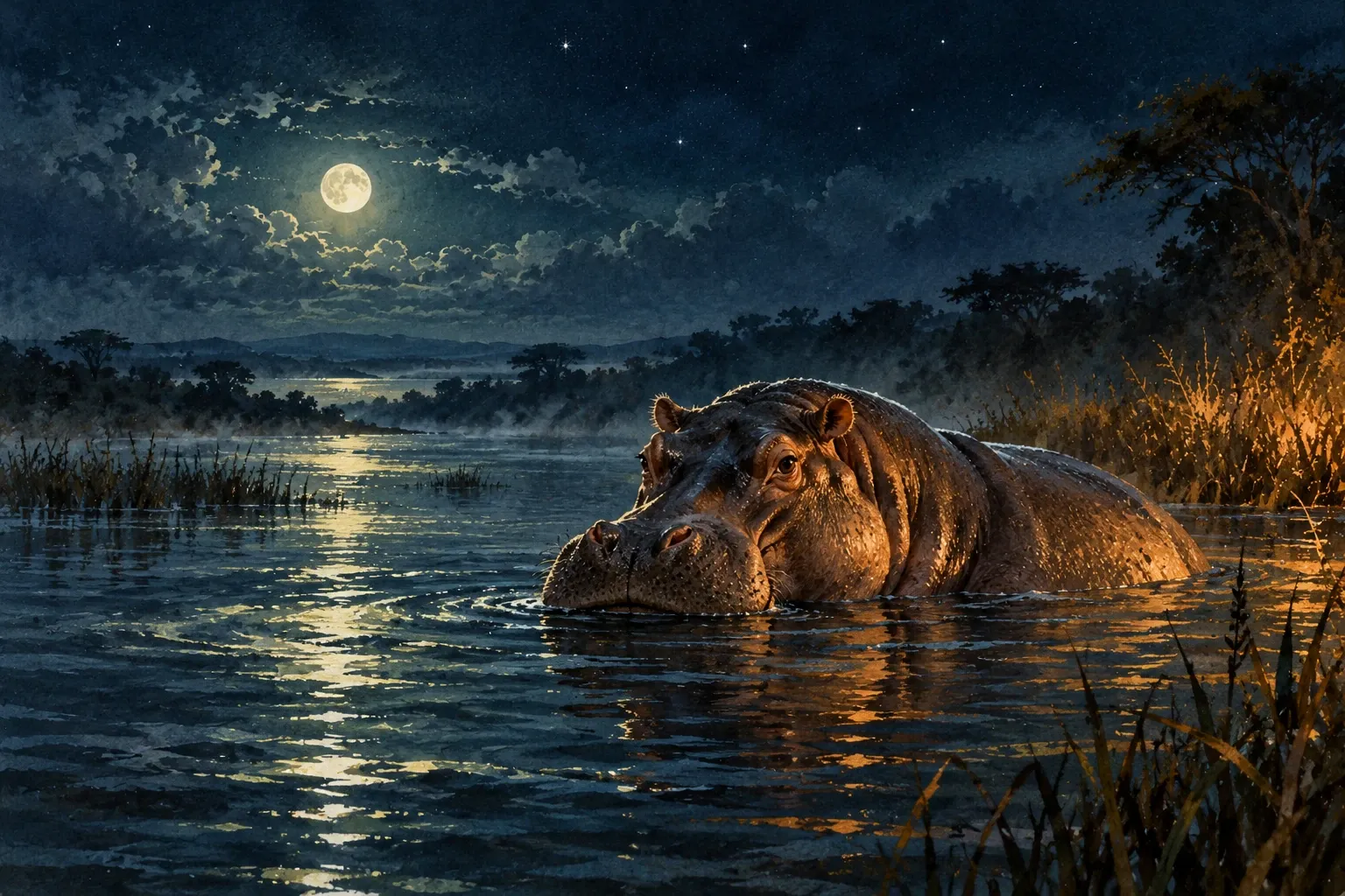 Dreamlike night painting of a hippopotamus in its natural world.
