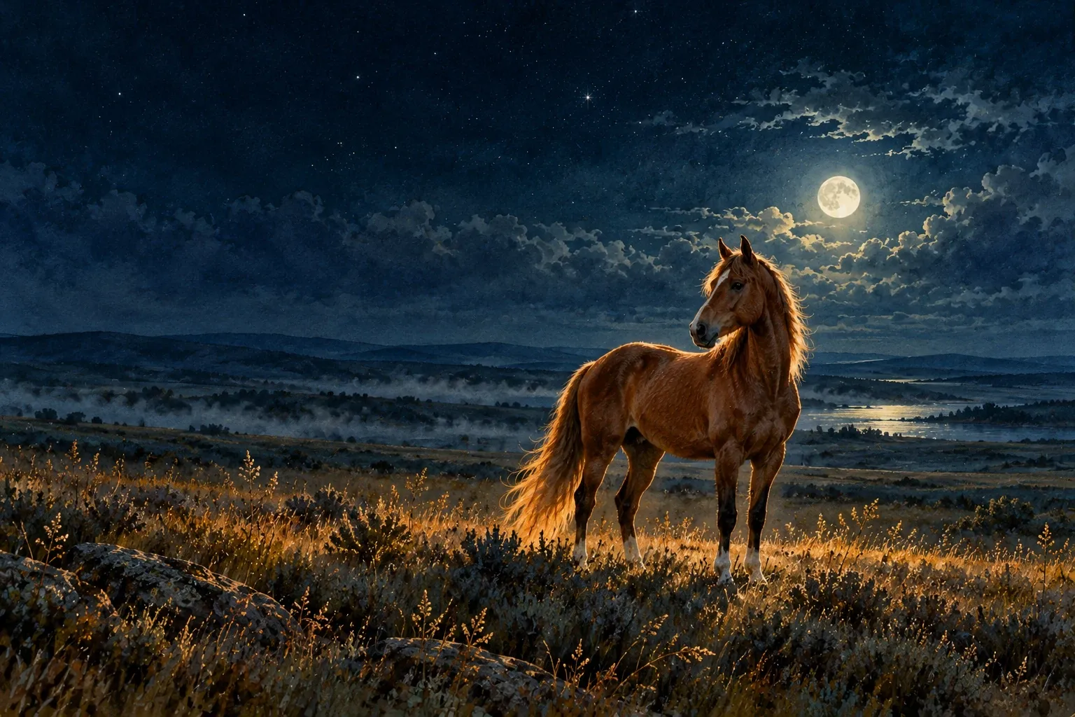 Dreamlike night painting of a horse in its natural world.