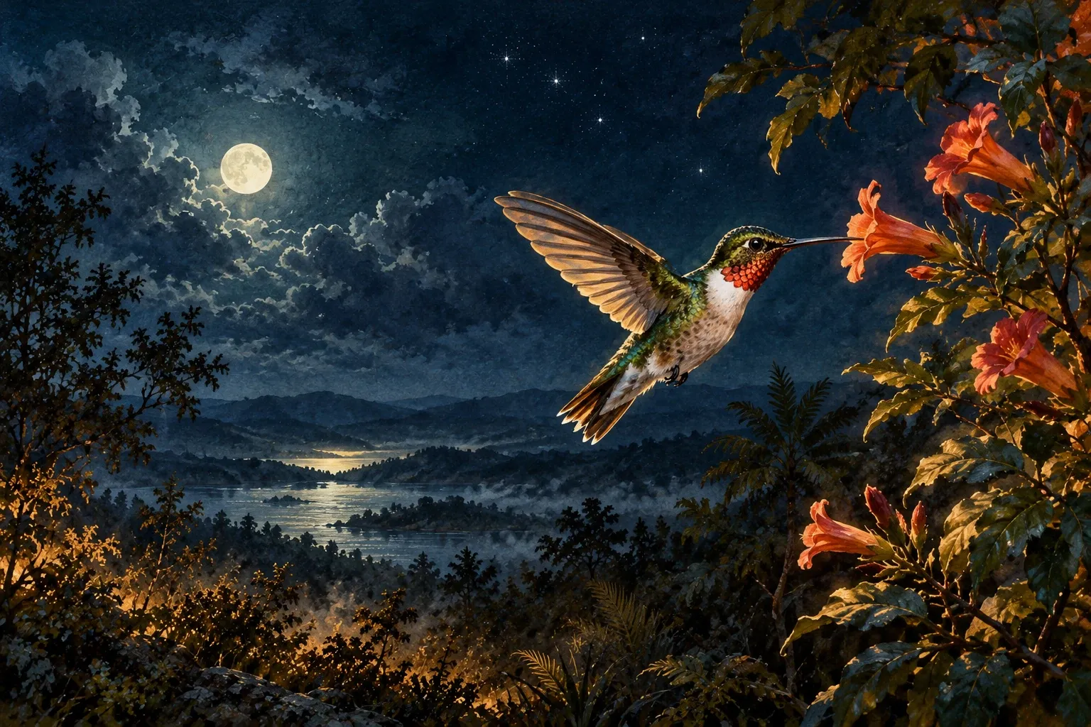 Dreamlike night painting of a hummingbird in its natural world.