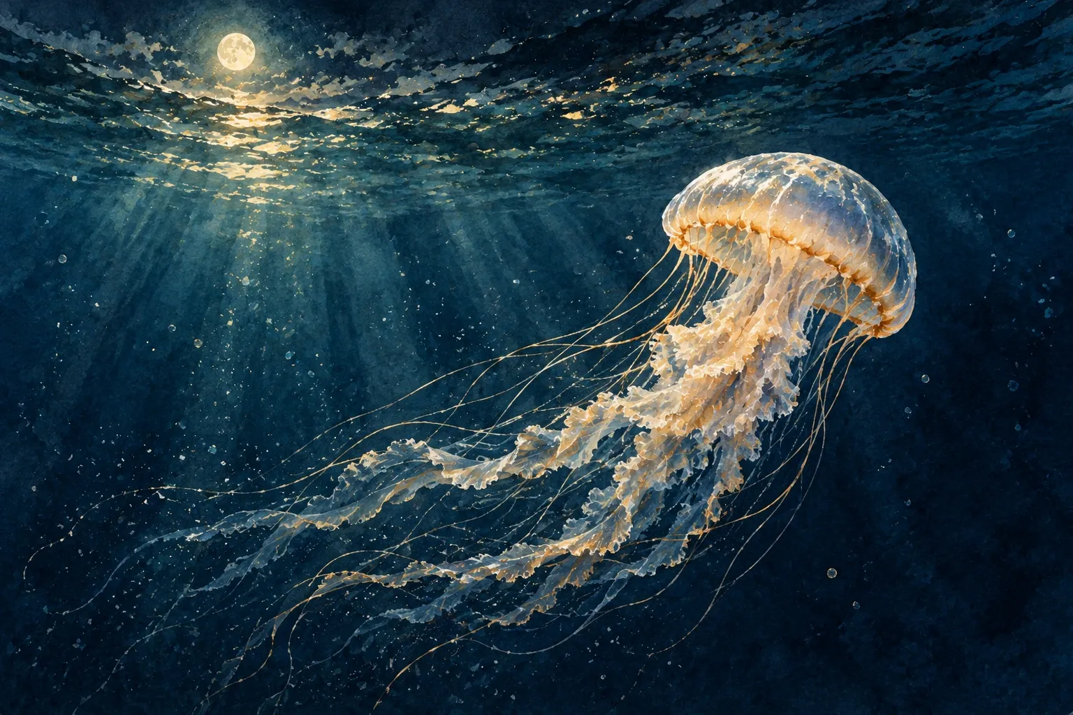 Dreamlike night painting of a jellyfish in its natural world.