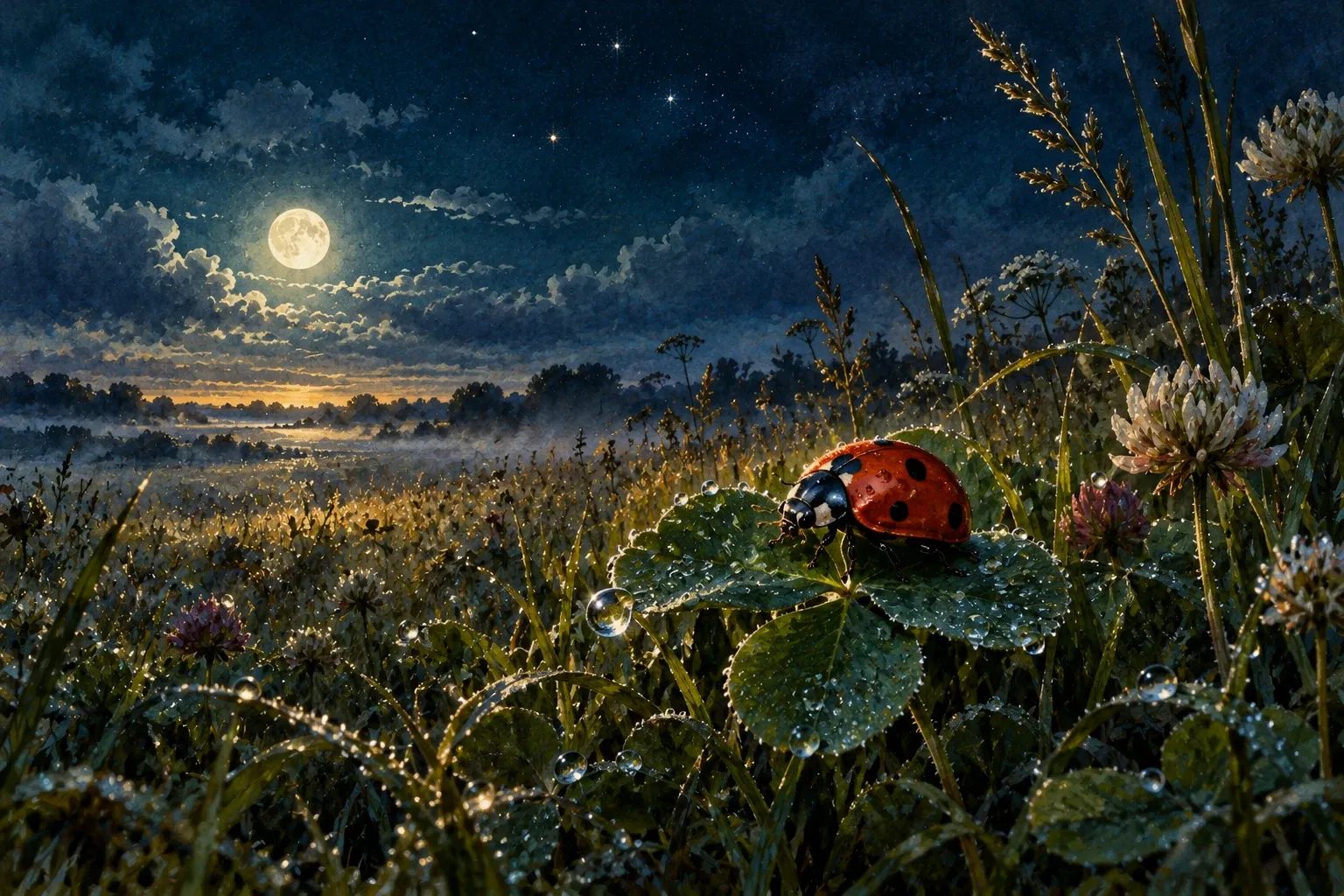 Dreamlike night painting of a ladybug in its natural world.