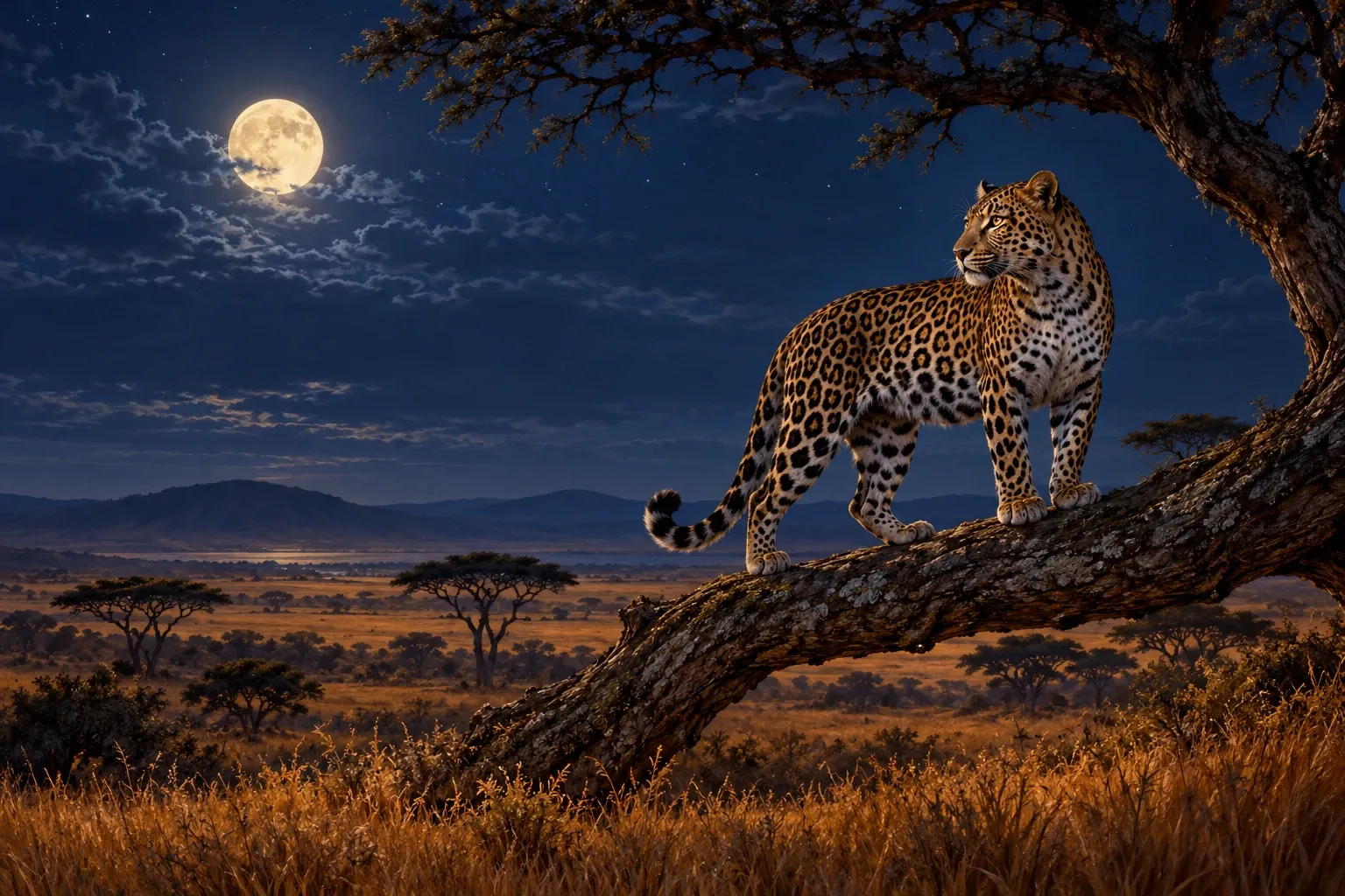 Dreamlike night painting of a leopard in its natural world.
