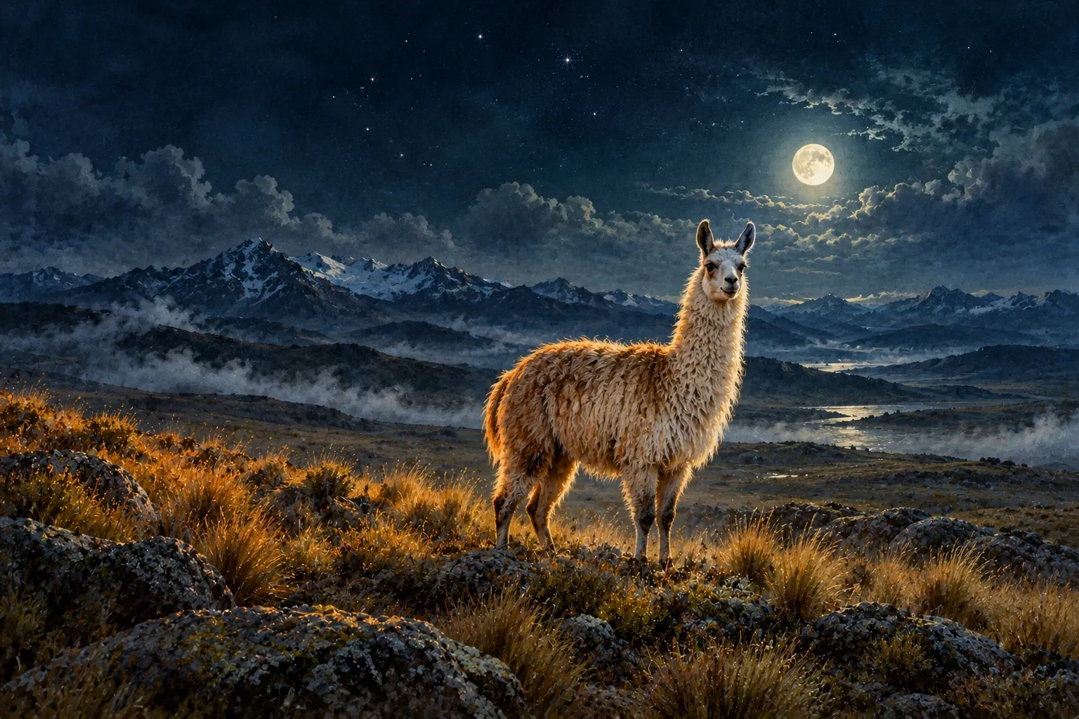 Dreamlike night painting of a llama in its natural world.