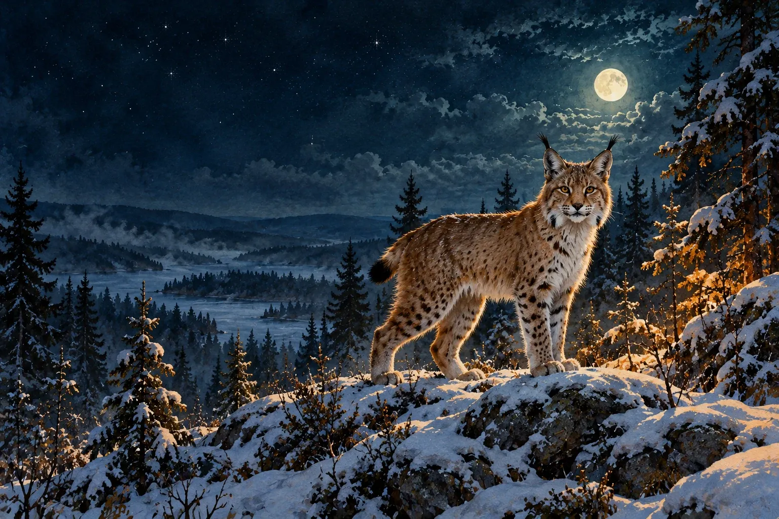 Dreamlike night painting of a lynx in its natural world.
