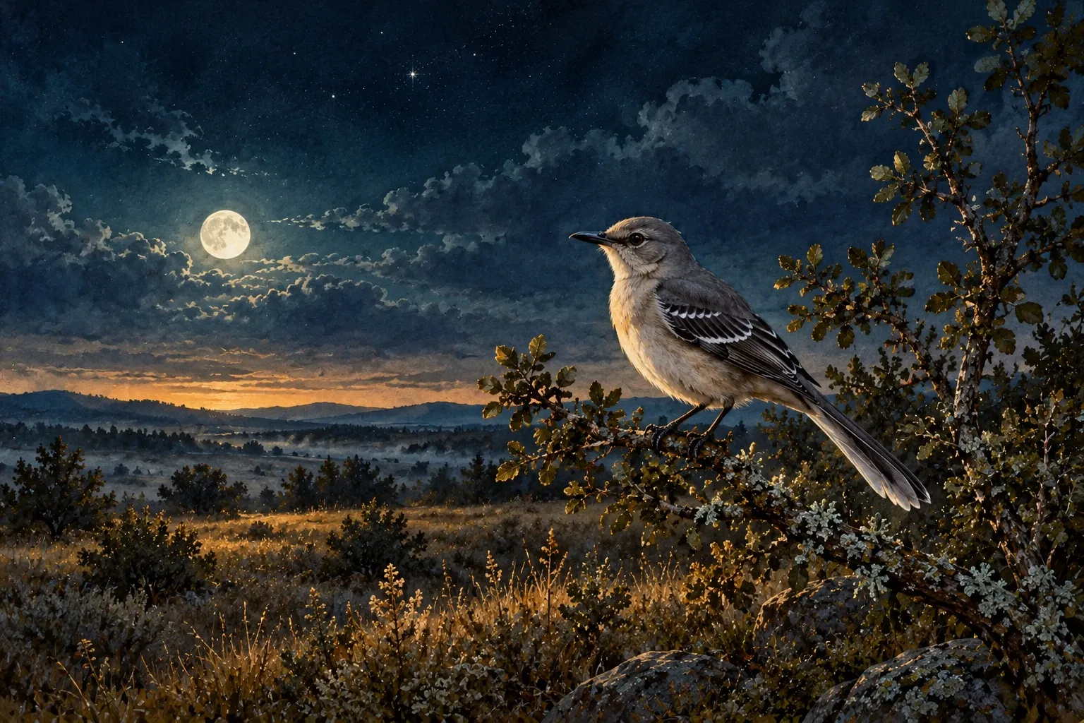 Dreamlike night painting of a mockingbird in its natural world.