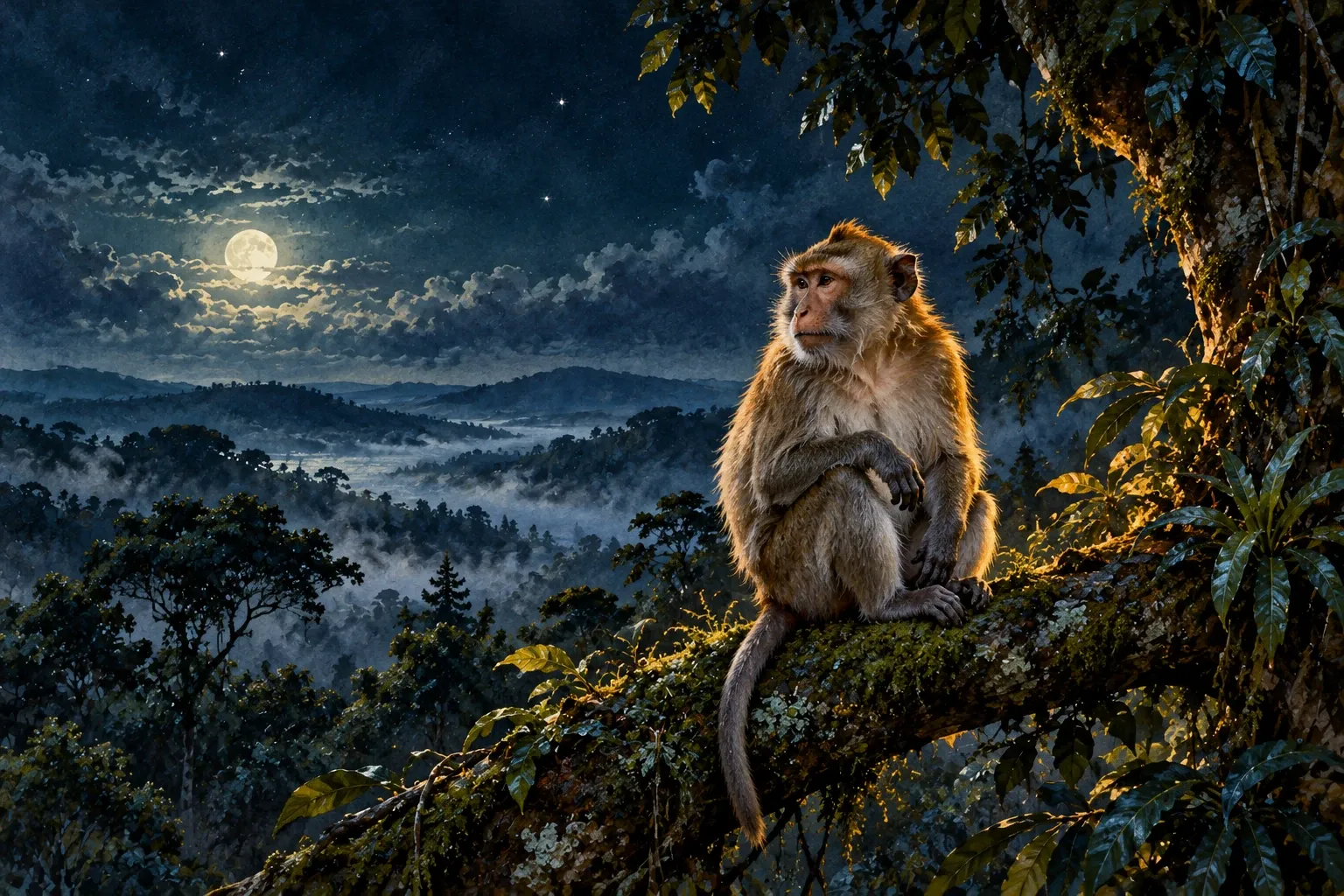 Dreamlike night painting of a monkey in its natural world.