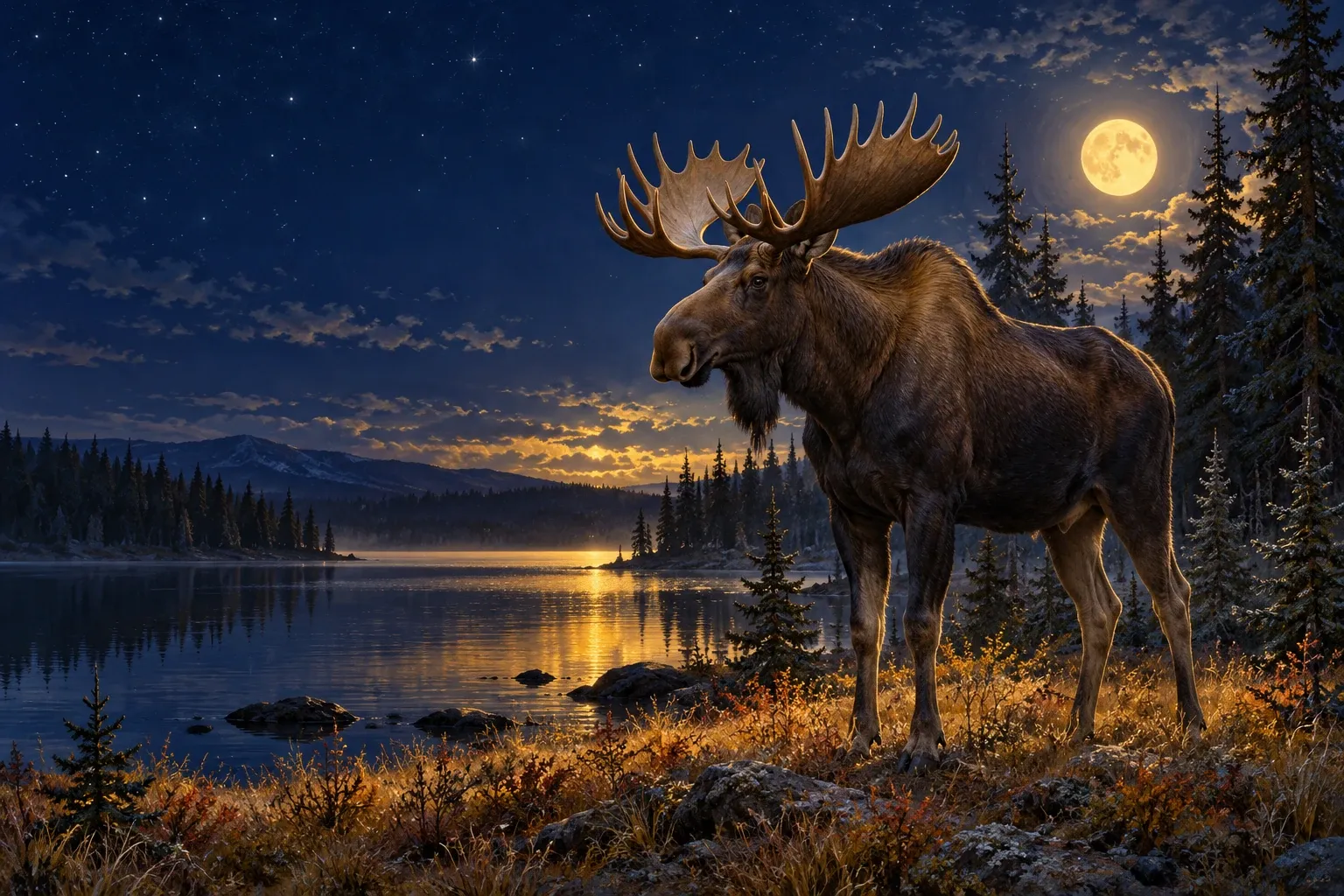 Dreamlike night painting of a moose in its natural world.