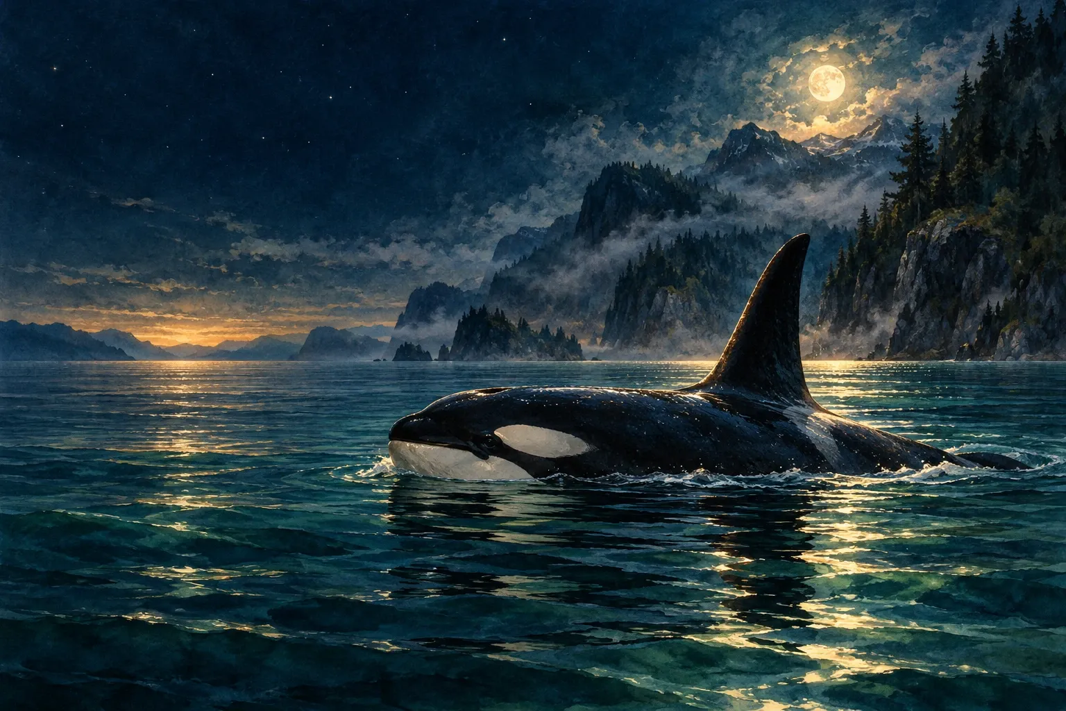 Dreamlike night painting of a orca in its natural world.
