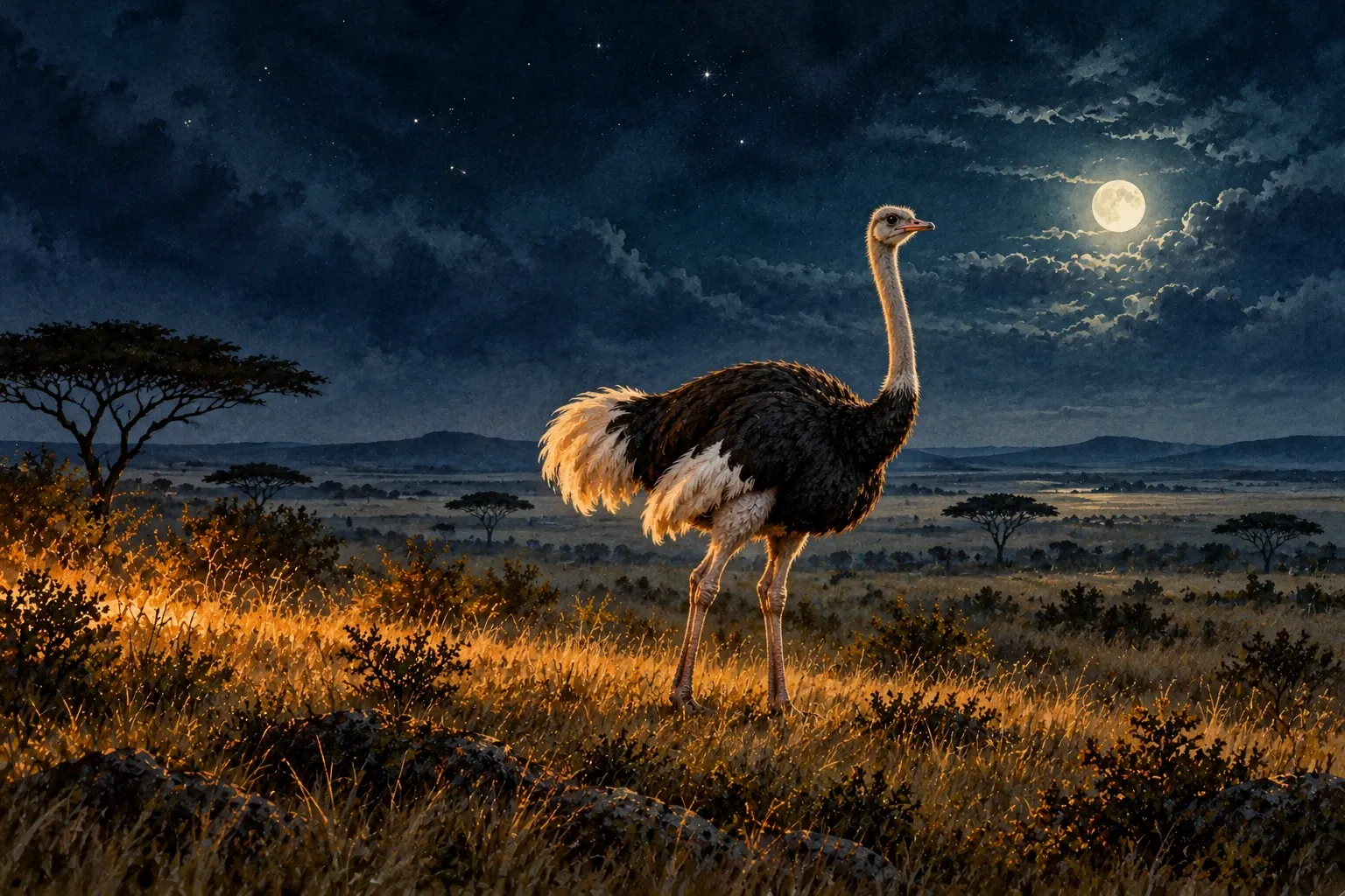 Dreamlike night painting of a ostrich in its natural world.