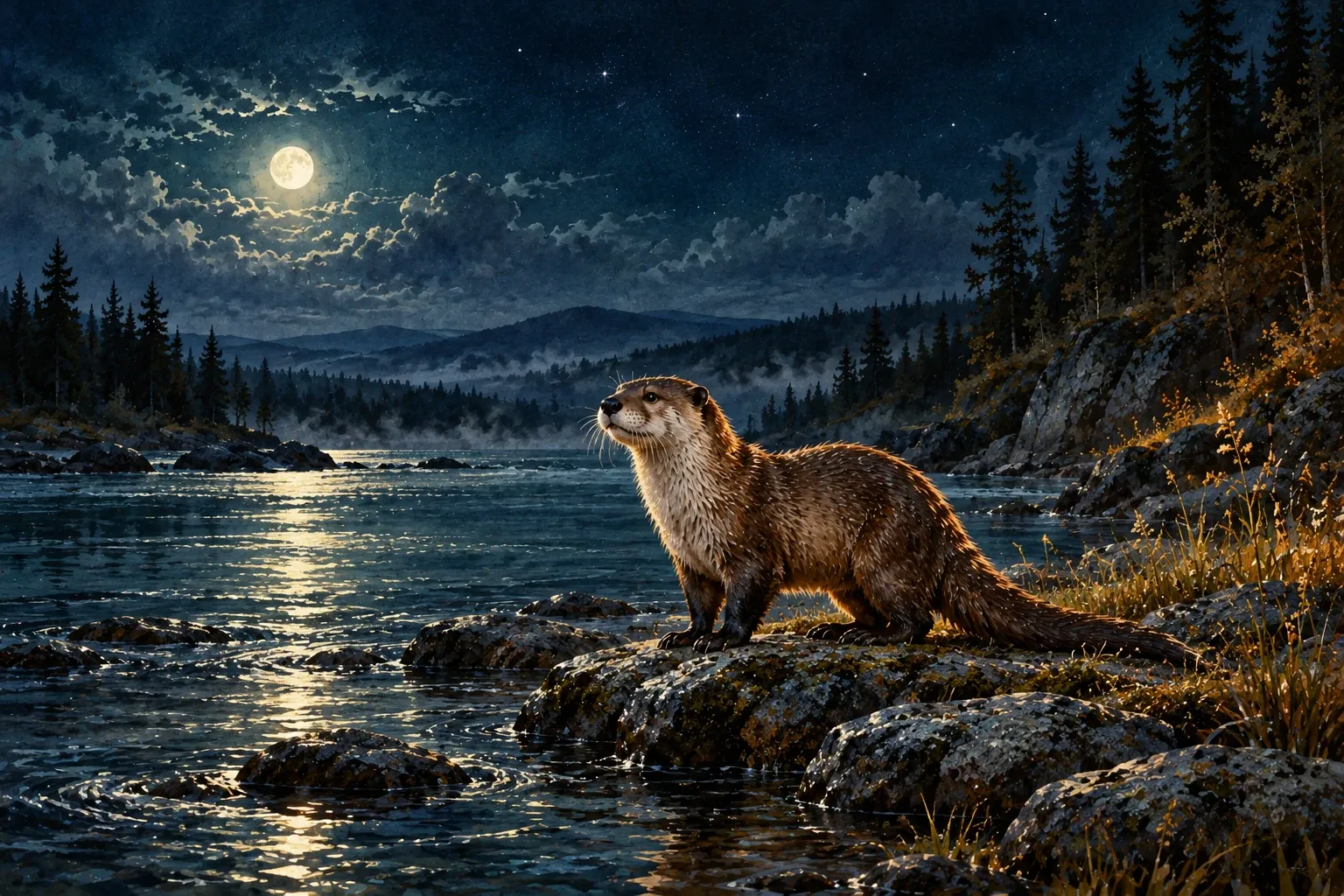 Dreamlike night painting of a otter in its natural world.